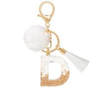 MWOOT Porte Clé Lettre D Peluche Tassel, Initial Résine Personnalisé Keychain Or Blanc, Porte Clef Lettre Pendentif Décoratif, Kawaii Porte Clef Voiture Charm, Idee Cadeau D'Anniversaire pour Femme