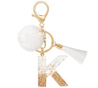 MWOOT Porte Clé Lettre K Peluche Tassel, Initial Résine Personnalisé Keychain Or Blanc, Porte Clef Lettre Pendentif Décoratif, Kawaii Porte Clef Voiture Charm, Idee Cadeau D'Anniversaire pour Femme