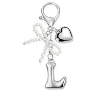 MWOOT Porte-clés avec Lettre Initiale Argent pour Femme, Porte Clef Alphabet avec Pendentif Cœur et Nœud en Perle, Mignon Bijoux de Sac