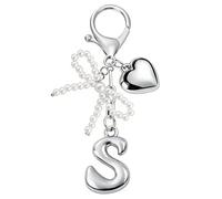 MWOOT Porte-clés avec Lettre Initiale Argent pour Femme, Porte Clef Alphabet avec Pendentif Cœur et Nœud en Perle, Mignon Bijoux de Sac