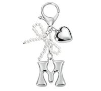 MWOOT Porte-clés avec Lettre Initiale Argent pour Femme, Porte Clef Alphabet avec Pendentif Cœur et Nœud en Perle, Mignon Bijoux de Sac