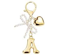 MWOOT Porte-clés avec Lettre Initiale Dorées pour Femme, Porte Clef Alphabet avec Pendentif Cœur et Nœud en Perle, Mignon Bijoux de Sac
