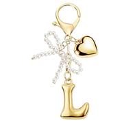 MWOOT Porte-clés avec Lettre Initiale Dorées pour Femme, Porte Clef Alphabet avec Pendentif Cœur et Nœud en Perle, Mignon Bijoux de Sac