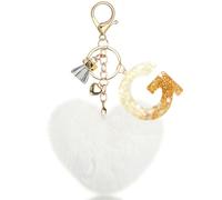 MWOOT Porte Clés Initiale G, Porte Clés Lettre G avec Pom Pom Cœur, Pendentif Porte Clés Alphabet en Résine Blanche pour Femmes Décorations Clés Voiture Porte Monnaie Sac à Dos
