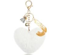 MWOOT Porte Clés Initiale J, Porte Clés Lettre J avec Pom Pom Cœur, Pendentif Porte Clés Alphabet en Résine Blanche pour Femmes Décorations Clés Voiture Porte Monnaie Sac à Dos