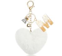 MWOOT Porte Clés Initiale M, Porte Clés Lettre M avec Pom Pom Cœur, Pendentif Porte Clés Alphabet en Résine Blanche pour Femmes Décorations Clés Voiture Porte Monnaie Sac à Dos