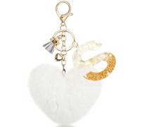 MWOOT Porte Clés Initiale S, Porte Clés Lettre S avec Pom Pom Cœur, Pendentif Porte Clés Alphabet en Résine Blanche pour Femmes Décorations Clés Voiture Porte Monnaie Sac à Dos