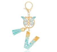 MWOOT Porte-clés mignon en forme de lettre initiale verte, alphabet majuscule en résine dorée avec pendentif papillon, porte-clés tendance pour femme adulte, cadeau pour sac à main, sac à main
