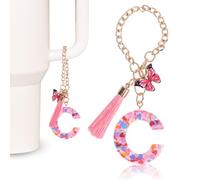 MWOOT Porte Clés Roses Avec Lettres Initiales pour Femmes, Breloques de la Coupe Stanley, Charmant Porte Clés initial pour le Gobelet Stanley, C