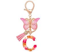 MWOOT Resin Letter Keychains Initiale Porte Clef Lettre C,Initial Alphabet Initial Keyring avec Papillon Pendentif,Rose Pétales Feuille D'or Key Ring pour Femmes Portefeuilles Sac à Main Charme(C)