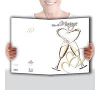 MX-4016 MAXI Grande Carte Géante XXL pour MARIAGE + Enveloppe format 32x23cm - Cœurs Flutes entrelacées Champagne Pétillant Mousseux Bulles de Bonheur Trinquer à l'Amour Vie à 2 - Fabriqué en France