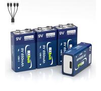 MXBatt 4 Piles 9V Rechargeables Lithium USB-C, 650mAh | 800 cycles de charge, Pour détecteurs de fumée, alarmes incendie, détecteurs de monoxyde de carbone, systèmes d’alarme