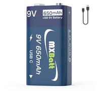MXBatt Pile 9V Rechargeable USB-C, 650mAh | 800 cycles de charge, Pour détecteurs de fumée, alarmes incendie, détecteurs de monoxyde de carbone, systèmes d’alarme