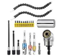 MXiiXM Rallonge de foret flexible et clé à douille universelle, 105 ° à angle droit, adaptateur de douille universel 1/4", 3/8", 1/2", 3 pièces porte-embouts et kit d'embouts de tournevis