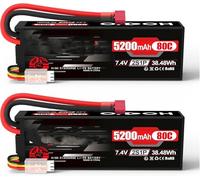 MXJFYY Lot de 2 Batteries LiPo RC 50C 7,4 V 5 200 mAh avec boîtier Rigide et Prise en T de Type Dean, pour Voiture, hélicoptère, Camion, Avion, Rock Crawler, Bateau, Buggy, etc.