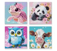 MXJSUA Lot De 4 Kits De Peinture Par Numéros Animaux Mignons Pour Enfants Avec Cadre Pour Âges 6-12, Motif Tortue Panda Hibou Vache Peintures À L’Huile Acryliques Pour Décoration Maison 20x20cm