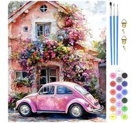 MXJSUA Peinture par Numéros pour Adulte, DIY Peinture Acrylique pour Adultes Débutants Facile sur Toile 40×50 cm avec peintures et pinceaux, Voiture Fleurs Roses (sans Cadre)