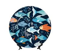 MXPELGHMAD Assiettes décoratives en porcelaine anglaise de 17,8 cm avec support de présentation, assiette à motif poissons, ornements en céramique, artisanat d'art, assiette ronde en porcelaine pour