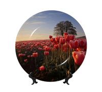 MXPELGHMAD Assiettes décoratives en porcelaine anglaise de 17,8 cm avec support de présentation, assiette de champ de tulipes, ornements en céramique, artisanat d'art, assiette ronde en porcelaine