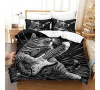 MXRMXR Chat Rocker avec Guitare-Style Illustration Noir et Blanc Ensemble De Literie 3D Housse De Couette Microfibre Linge De Lit avec Taie d'oreiller 3 Pièces Double（200x200cm）