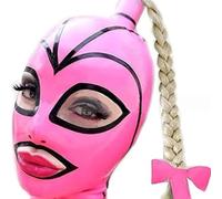 MXRYSQY Cagoule en Latex Rose Compris la Perruque Queue Cheval Capot Ouvert Masque pour Cosplay Le Jeu de RôLe Clubwear Party(Size:M-65CM)