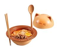 Mxshc Bol Céramique avec Couvercle - Grand Bol À Céréales Pour Ramen Design Chat - Récipient Alimentaire Avec Cuillère Bagettes Pour Préparation Repas Bureau Dortoir Petit Déjeuner Céréales
