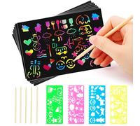 MXTIMWAN 50 Pièces Carte a Gratter Carte à Gratter Enfant Kits de Scratch Art pour Enfants Adulte Cadeaux pour Enfants avec 4 Règles de Gabarit de Dessin et 5 Stylets en Bois | 19 * 13cm