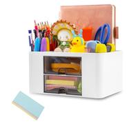 MXTIMWAN Organisateur de Bureau, Rangement Bureau avec 5 Compartiments et 2 Petits Tiroirs, Multifonctionnel Organisateur de Maquillage pour Bureau, Maison, École (Blanc)