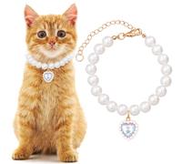 Mxxipp Collier de perles pour chat avec pendentif en forme de cœur, collier de perles mignon pour animal domestique, taille M, réglable, accessoire de bijoux pour chiot et chaton - Blanc