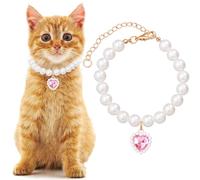 Mxxipp Collier de perles pour chat avec pendentif en forme de cœur, collier de perles mignon pour animal de compagnie, taille M, réglable, accessoire de bijoux pour chiot et chaton - Rose