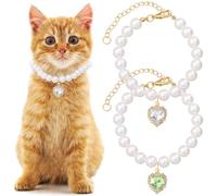 Mxxipp Lot de 2 colliers de perles en forme de chat avec pendentif en forme de cœur, collier mignon pour animal domestique, petit collier réglable pour mariage, fête de mariage, petit chien