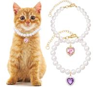 Mxxipp Lot de 2 colliers de perles en forme de chat avec pendentif en forme de cœur, joli collier de perles pour animal domestique, petit collier réglable pour fête de mariage, petit chien