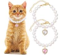 Mxxipp Lot de 2 colliers de perles réglables en forme de cœur avec strass pour animal domestique - Accessoires pour chiots et petits chats - Blanc et rose
