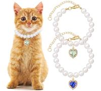 Mxxipp Lot de 2 colliers de perles réglables en forme de cœur avec strass pour animal domestique - Accessoires pour chiots et petits chats - Bleu et vert