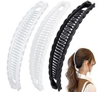 Mxxipp Lot de 3 pinces bananes françaises, antidérapantes classiques, grandes pinces de coiffure, doubles peignes pour cheveux bouclés, raides, longs, épais et fins - Noir, blanc et transparent