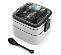 MXZERFKGLA Boîte à bento pour adulte - Boîte à déjeuner avec ustensiles - Pont en bois dans la forêt - Boîte à déjeuner étanche à double couche pour salle à manger, travail, pique-nique, voyage