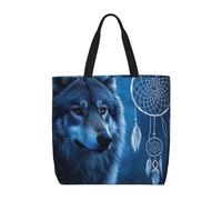 MXZERFKGLA Sac fourre-tout réutilisable pour femme avec poche intérieure Motif paon Bleu, Loups et attrape-rêves, Taille unique