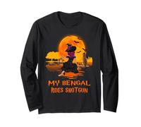 My Bengal Rides Shotgun Cat and Witch Halloween Costume Manche Longue