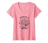 My Brain is Full of Useless Song Lyrics T-Shirt pour Amoureux de la Musique T-Shirt avec Col en V, Femme, Rose, XXL