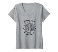 My Brain is Full of Useless Song Lyrics T-Shirt pour Amoureux de la Musique T-Shirt avec Col en V, Femme, Gris Chiné, XXL