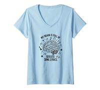 My Brain is Full of Useless Song Lyrics T-Shirt pour Amoureux de la Musique T-Shirt avec Col en V, Femme, Bleu Céleste, XL