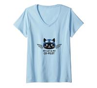 My Cat is My Co-Pilot : Aviator Kitty Adventure T-Shirt avec Col en V, Femme, Bleu Céleste, M