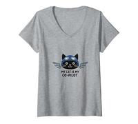 My Cat is My Co-Pilot : Aviator Kitty Adventure T-Shirt avec Col en V, Femme, Gris Chiné, XXL