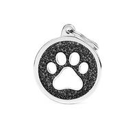 My Family - Medaglietta per Cane e Gatto - Collezione Shine - cerchio Grande Glitter Nero - Zampa Bianca