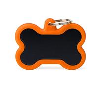 My Family Médaille d'identification pour animal de compagnie fabriquée en Italie, os noir et orange, médaille pour chien émaillée à la main en aluminium et caoutchouc, collection Hushtag, 49 x 36 mm