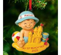 My First Beach Trip Ornement, vacances d'été personnalisées, décoration de Noël pour bébé, décoration de plage garçon, souvenir de vacances de premier voyage, cadeau pour nouveau-né, petits-enfants