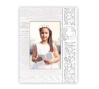 My First Communion, cadre en bois mod. EMILIA, avec marqueterie fine pour 1 photo de 10 x 15 cm à la verticale. Pied pour bureau.