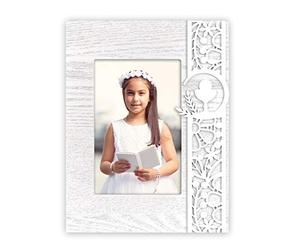 My First Communion, cadre en bois mod. EMILIA, avec marqueterie fine pour 1 photo de 10 x 15 cm à la verticale. Pied pour bureau.