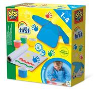 SES Creative 14449 - My first - Mon premier kit de peinture au doigt avec un tablier, 4 couleurs de peinture vives, facilement lavables, pour les enfants à partir de 1 an