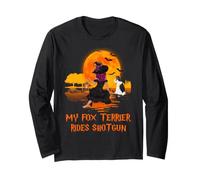 My Fox Terrier Rides Shotgun Dog and Witch Halloween Manche Longue